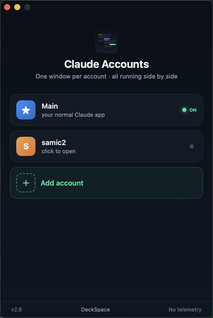 The Claude Accounts launcher on macOS: a Main account showing ON, a second account ready to open, and an Add account button.