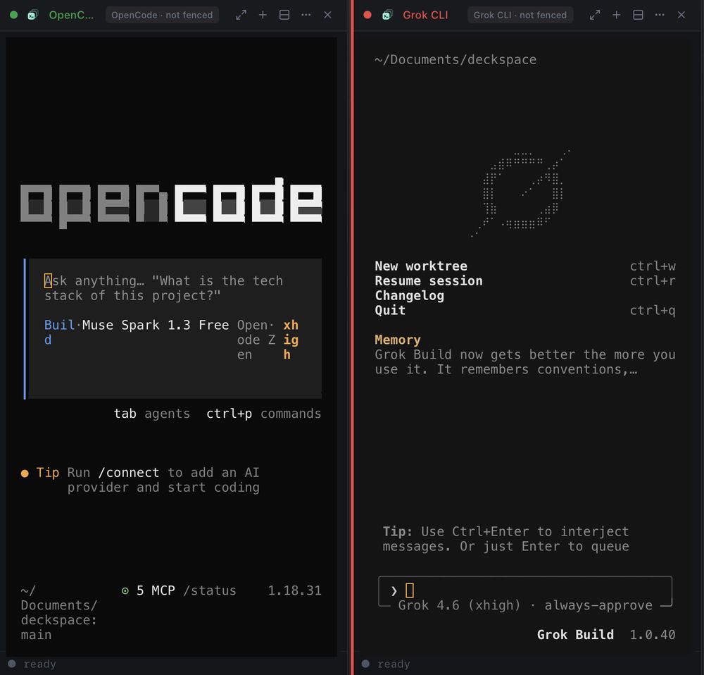 Two DeckSpace panes: OpenCode and Grok CLI, each in its own terminal
